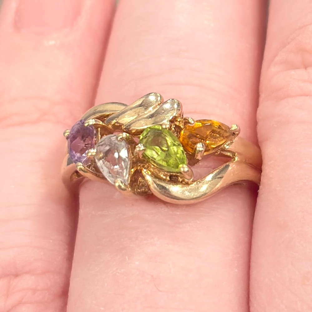 10K Rainbow Gemstone Ring, Swirl Aquamarine Peridot Citrine Amethyst Size 7.25 - Picture 1 of 13